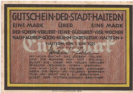 Реверс банкноты 1 marka (Niemcy) 1921