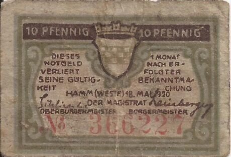 Аверс банкноты 10 fenigów (Niemcy) 1920