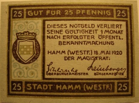 Аверс банкноты 25 fenigów (Niemcy) 1920