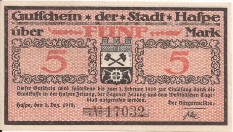 Аверс банкноты 5 marek (Niemcy) 1918