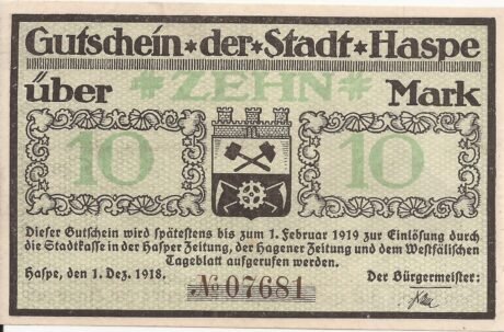 Аверс банкноты 10 marek (Niemcy) 1918