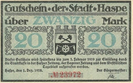 Аверс банкноты 20 marek (Niemcy) 1918