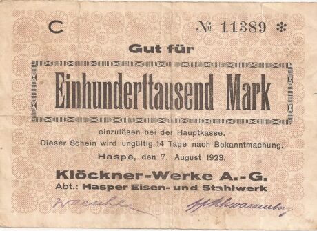 Аверс банкноты 100000 marek Klöckner-Werke (Niemcy) 1923
