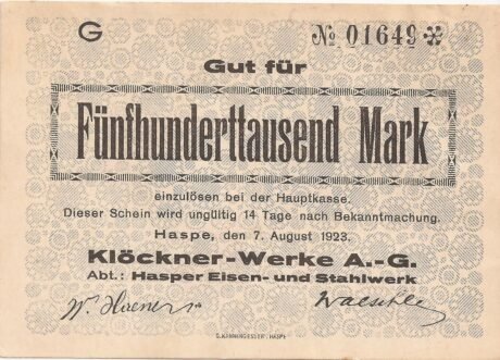 Аверс банкноты 500000 marek Klöckner-Werke (Niemcy) 1923