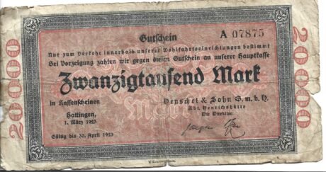 Аверс банкноты 20000 marek Henschel i Sohn (Niemcy) 1923