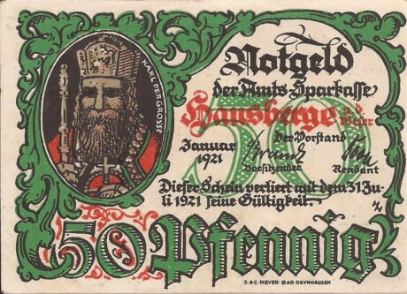 Аверс банкноты 50 пфеннигов Amts-Sparkasse (Германия) 1921 года