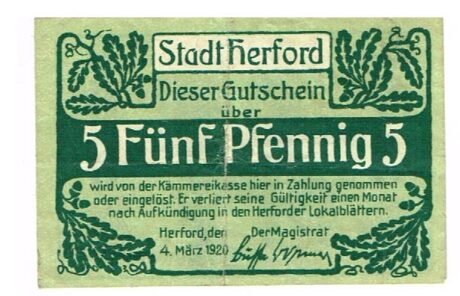 Аверс банкноты 5 fenigów (Niemcy) 1920