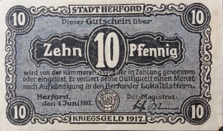 Аверс банкноты 10 fenigów (Niemcy) 1917