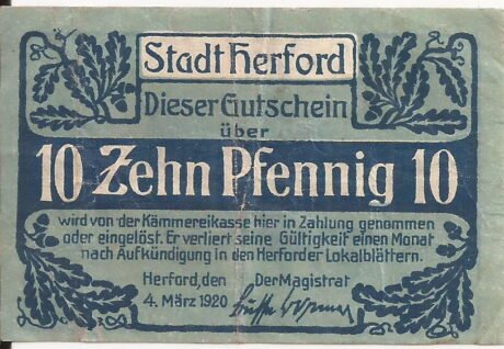 Аверс банкноты 10 fenigów (Niemcy) 1920