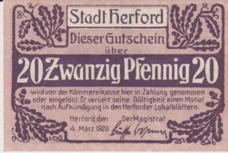 Аверс банкноты 20 пфеннигов (Германия) 1920 года