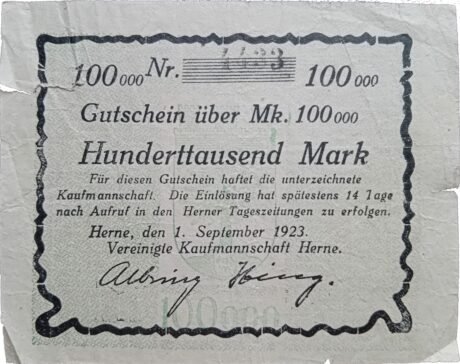 Аверс банкноты 100000 marek Vereinigte Kaufmannschaft (Niemcy) 1923