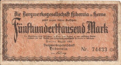 Аверс банкноты 500000 marek Bergwerksgesellschaft Hibernia (Niemcy) 1923