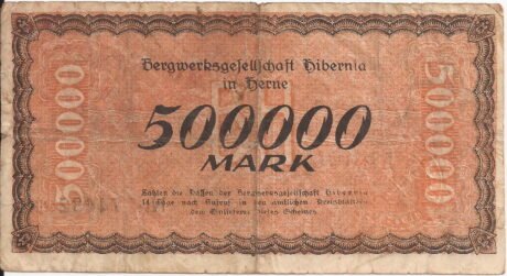 Реверс банкноты 500000 marek Bergwerksgesellschaft Hibernia (Niemcy) 1923