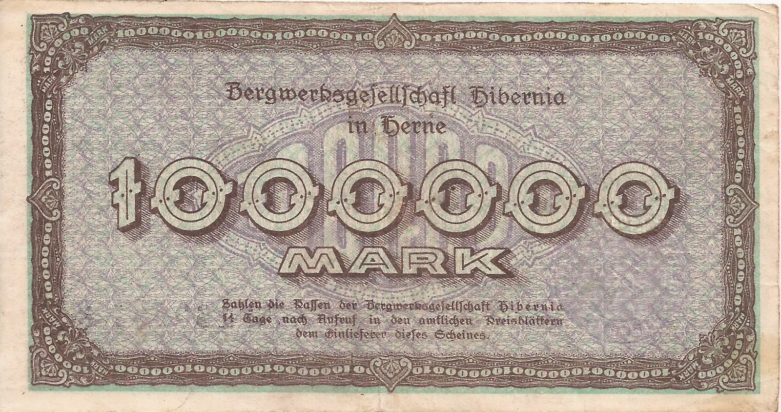 Реверс банкноты 1000000 марок Bergwerksgesellschaft Hibernia (Германия) 1923 года