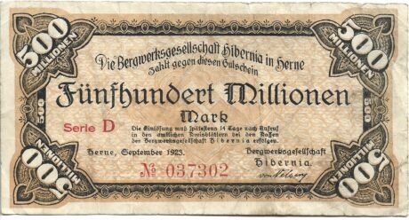 Аверс банкноты 500 000 000 marek Bergwerksgesellschaft Hibernia (Niemcy) 1923