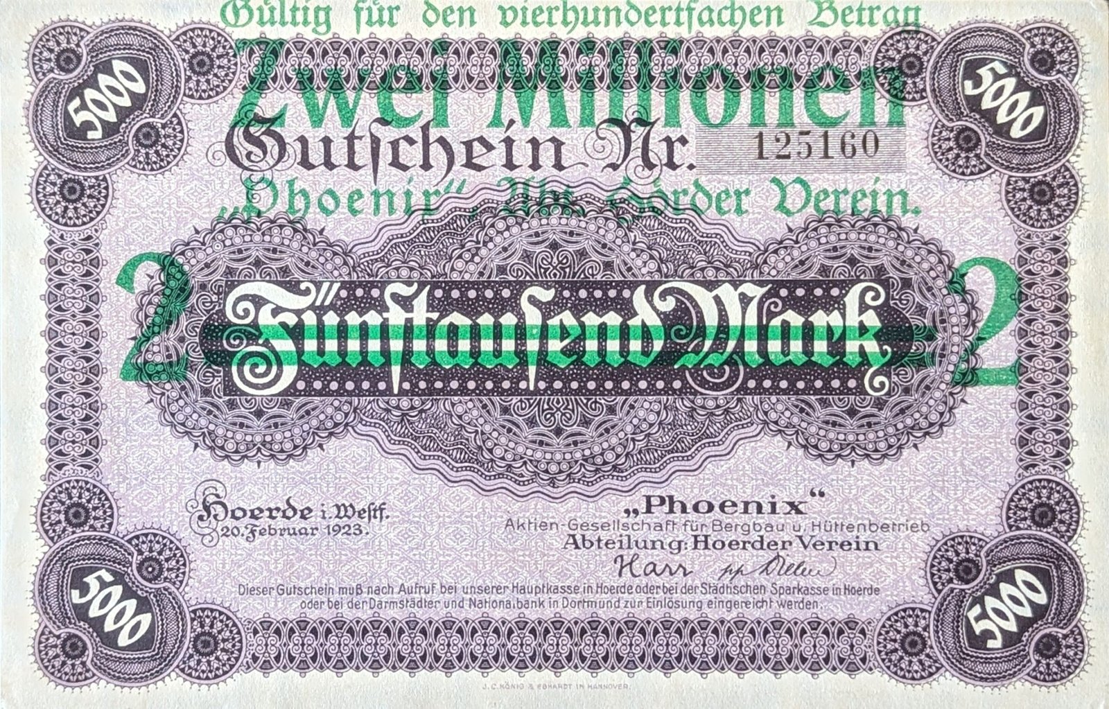 Аверс банкноты 2000000 марок Phoenix;, надпечатка на 5000 марок (Германия) 1923 года