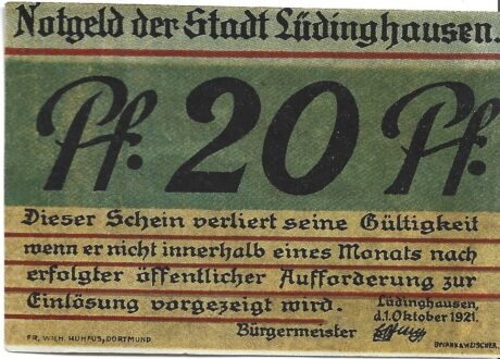 Аверс банкноты 20 fenigów (Niemcy) 1921