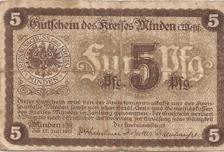 Аверс банкноты 5 fenigów (Niemcy) 1917