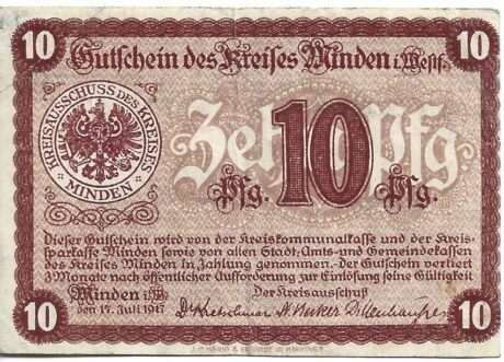 Аверс банкноты 10 fenigów (Niemcy) 1917