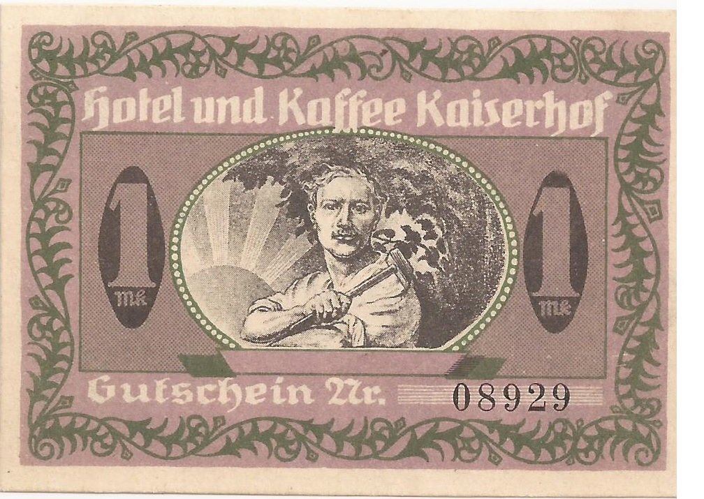 Реверс банкноты 1 марка O. Försterling und Sohn, Hotel und Kaffee Kaiserhof (Германия)