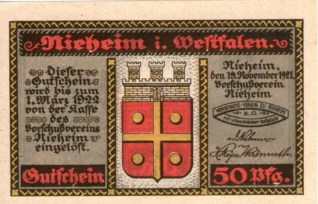 Аверс банкноты 50 fenigów Nieheim Advance Payment Association eG (Niemcy) z 1921 r.