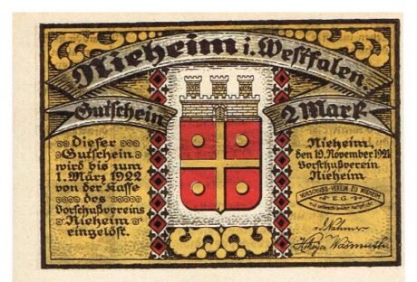 Аверс банкноты 2 marki Nieheim Advance Payment Association eG (Niemcy) z 1921 r.