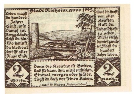 Реверс банкноты 2 marki Nieheim Advance Payment Association eG (Niemcy) z 1921 r.