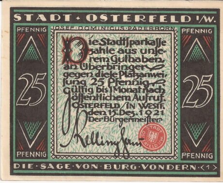 Аверс банкноты 25 fenigów (Niemcy) 1921