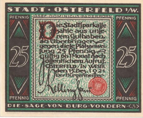 Аверс банкноты 25 fenigów (Niemcy) 1921