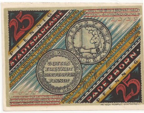 Аверс банкноты 25 fenigów „Miejska Kasa Oszczędnościowa” (Niemcy) 1920