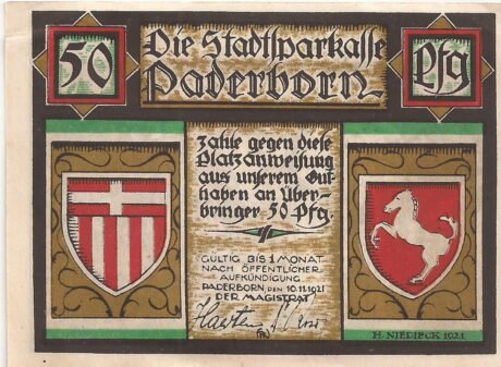 Аверс банкноты 50 fenigów „Miejska Kasa Oszczędnościowa” (Niemcy) 1921