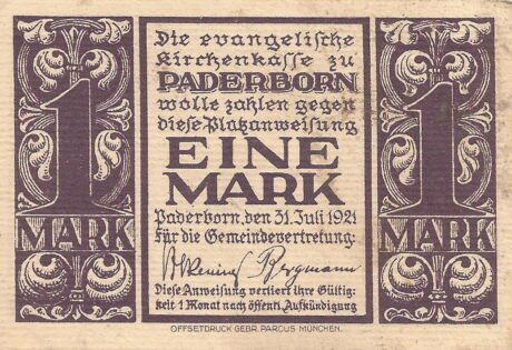 Аверс банкноты 1 sygnatura Evangelische Kirchenkasse (Niemcy) 1921