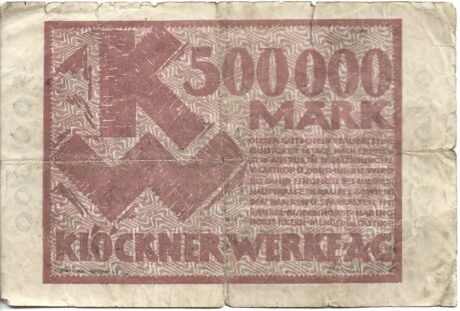 Реверс банкноты 500000 marek Klöckner-Werke (Niemcy) 1923