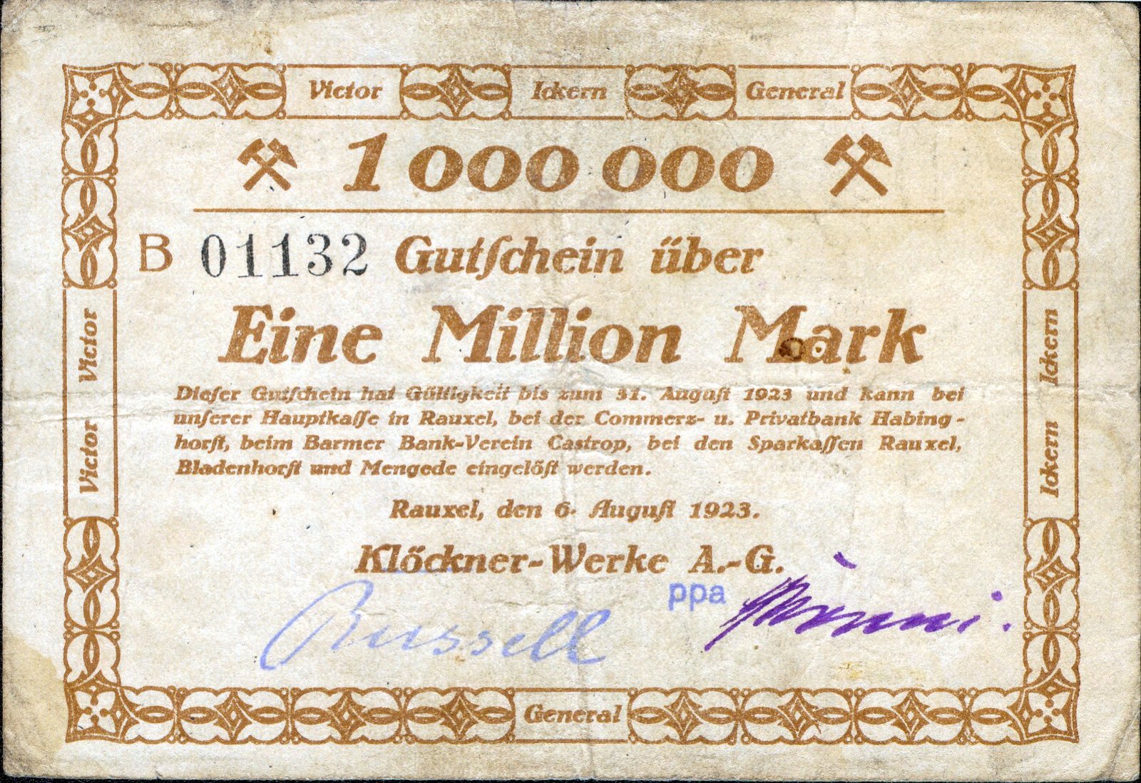 Аверс банкноты 1000000 марок Klöckner-Werke (Германия) 1923 года