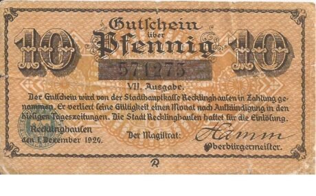 Аверс банкноты 10 fenigów (Niemcy) 1920