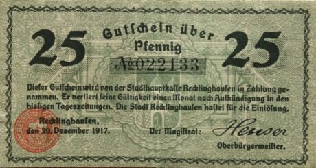 Аверс банкноты 25 fenigów (Niemcy) 1917