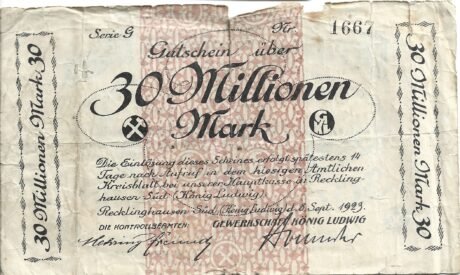 Аверс банкноты 30000000 марок Gewerkschaft König Ludwig (Германия) 1923 года