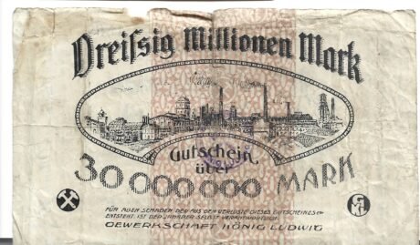 Реверс банкноты 30000000 марок Gewerkschaft König Ludwig (Германия) 1923 года