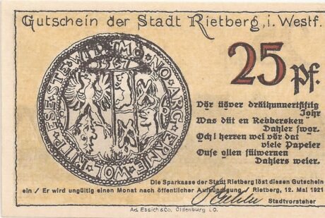 Аверс банкноты 25 fenigów (Niemcy) 1921