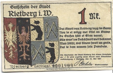 Аверс банкноты 1 marka (Niemcy) 1921