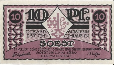 Аверс банкноты 10 fenigów (Niemcy) 1920