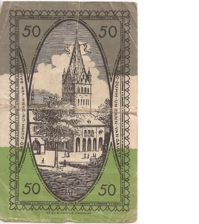 Реверс банкноты 50 fenigów Städtische Sparkasse (Niemcy) 1919