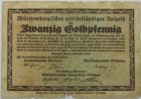 Аверс банкноты 20 золотых пфеннингов Württembergisches wertbeständiges Notgeld - Württembergische Girozentrale (Германия) 1923 года