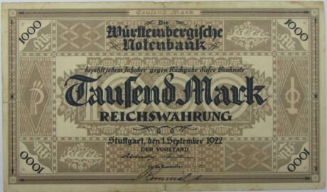 Аверс банкноты 1000 marek Württembergische Notenbank (Niemcy) 1922