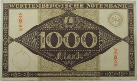 Реверс банкноты 1000 marek Württembergische Notenbank (Niemcy) 1922