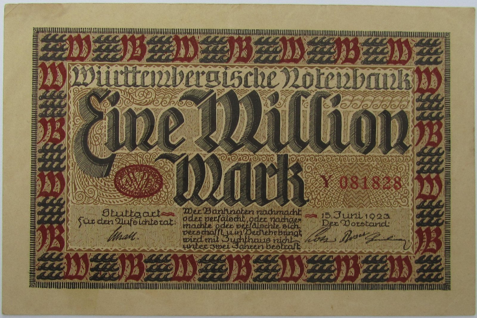 Аверс банкноты 1000000 марок Württembergische Notenbank (Германия) 1923 года