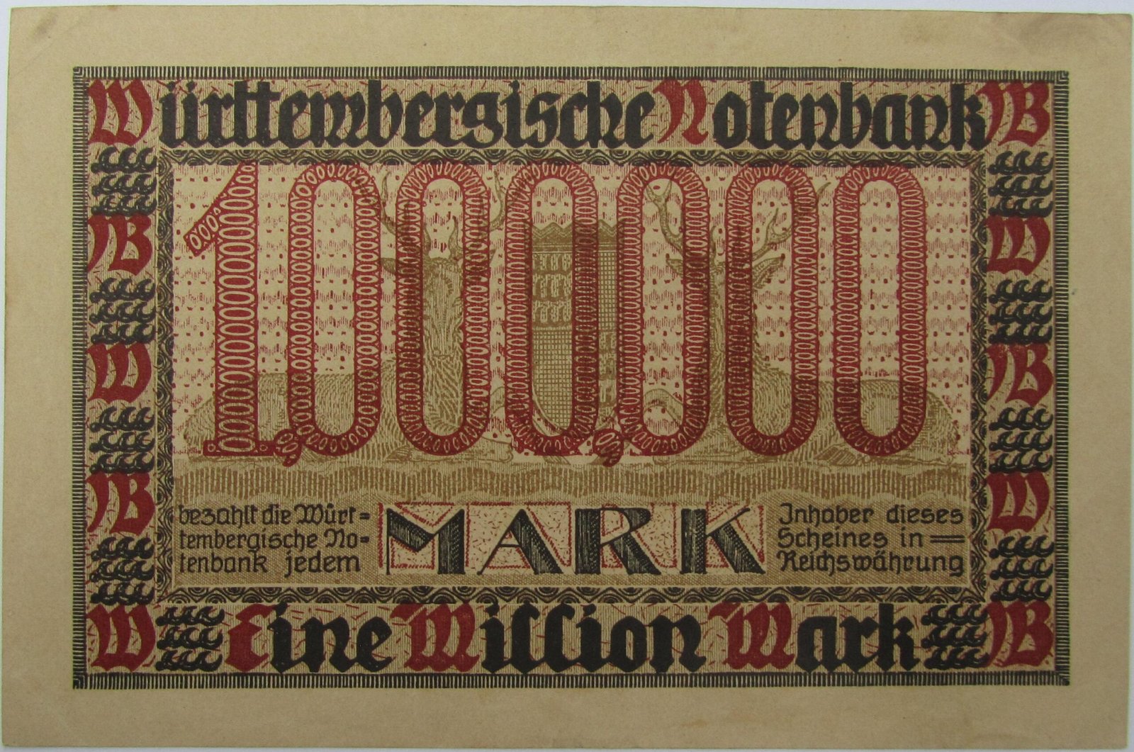 Реверс банкноты 1000000 марок Württembergische Notenbank (Германия) 1923 года