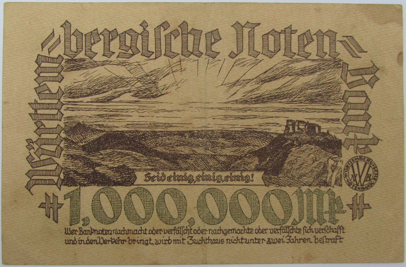 Реверс банкноты 1000000 марок Württembergische Notenbank (Германия) 1923 года