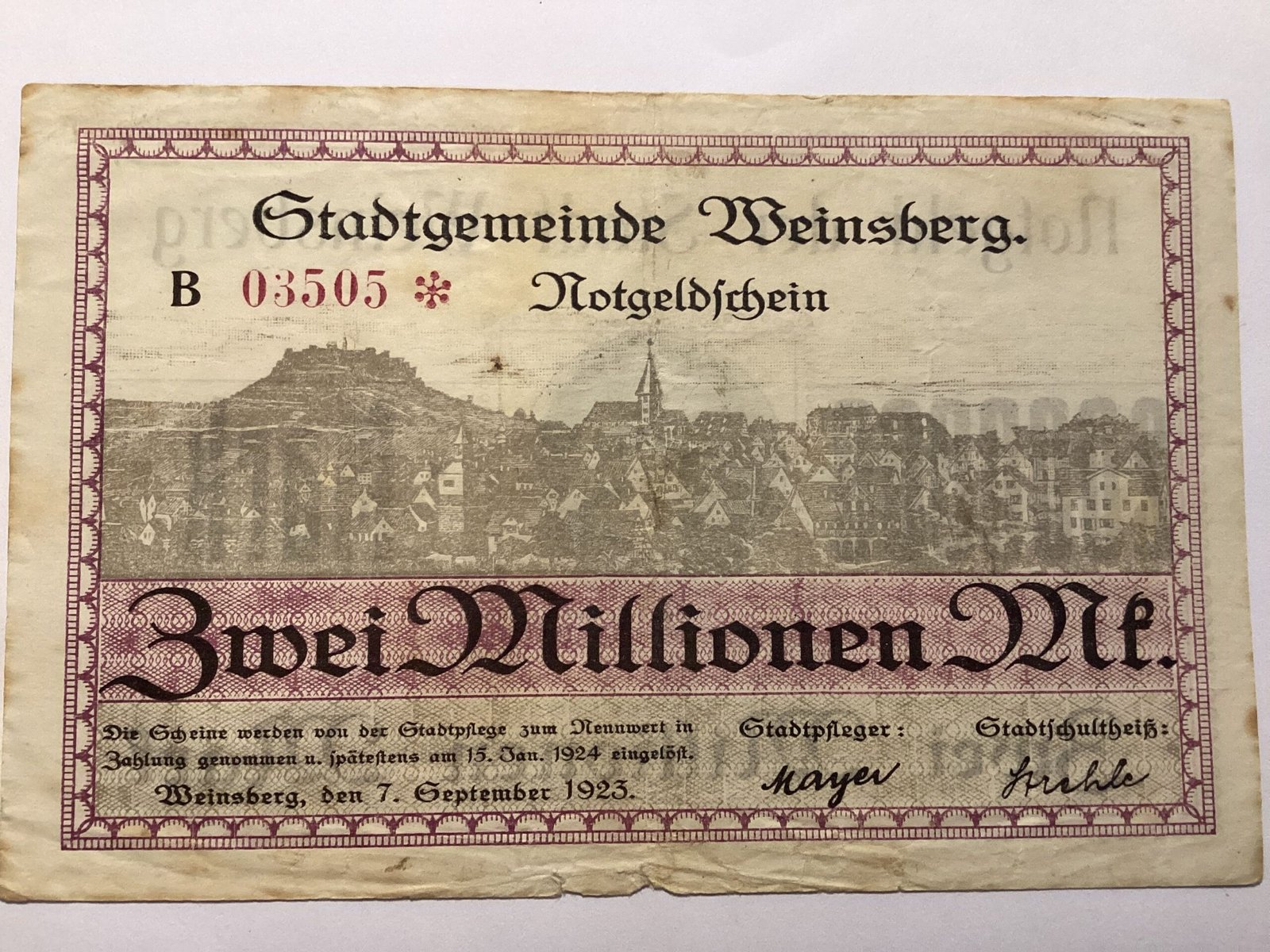 Аверс банкноты 2000000 марок Weinsberg (Германия) 1923 года