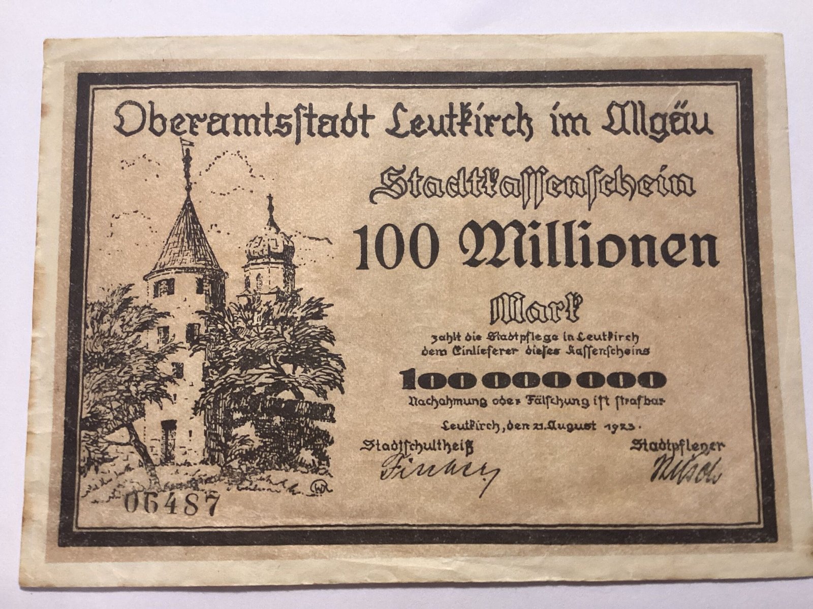 Аверс банкноты 100000000 марок Leutkirch (Германия) 1923 года